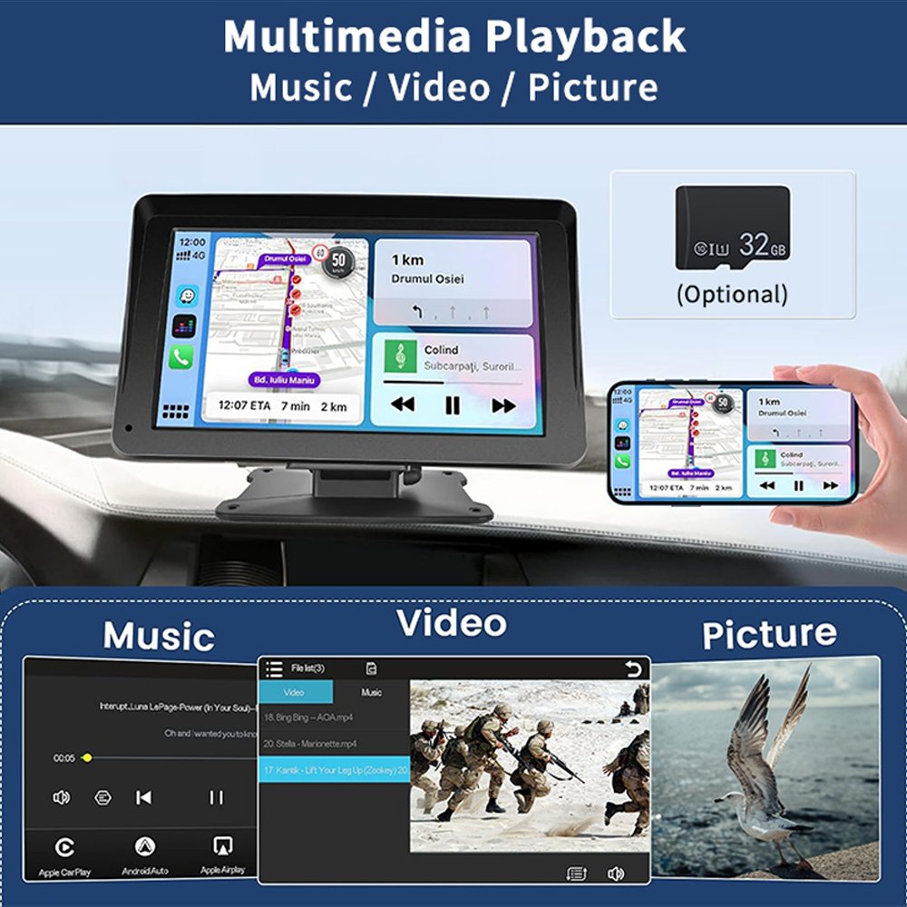 SUNWAYI 7 Inch IPS Screen BT FM USB Multimedia Player Portable Wireless Carplay & Android Auto