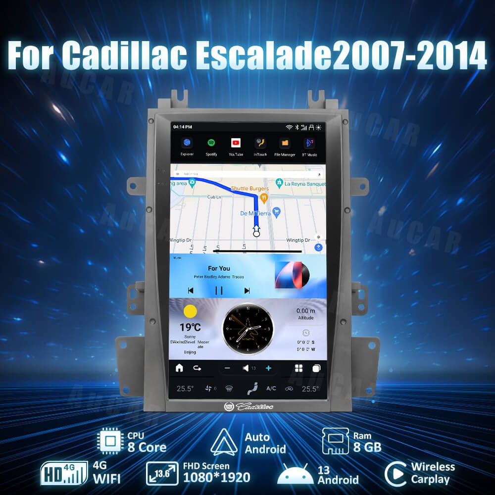 AuCar 13.6'' CarPlay Tesla Style Android 13 Car Radio GPS Navigation Multimedia DVD Player For Cadillac Escalade 2007-2014