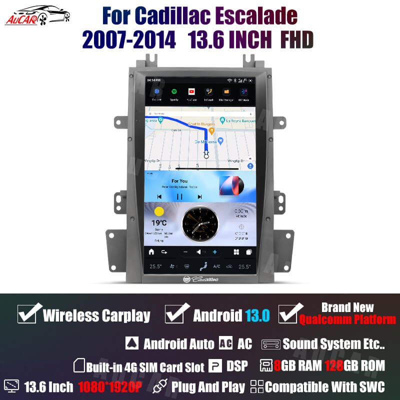 AuCar 13.6'' CarPlay Tesla Style Android 13 Car Radio GPS Navigation Multimedia DVD Player For Cadillac Escalade 2007-2014