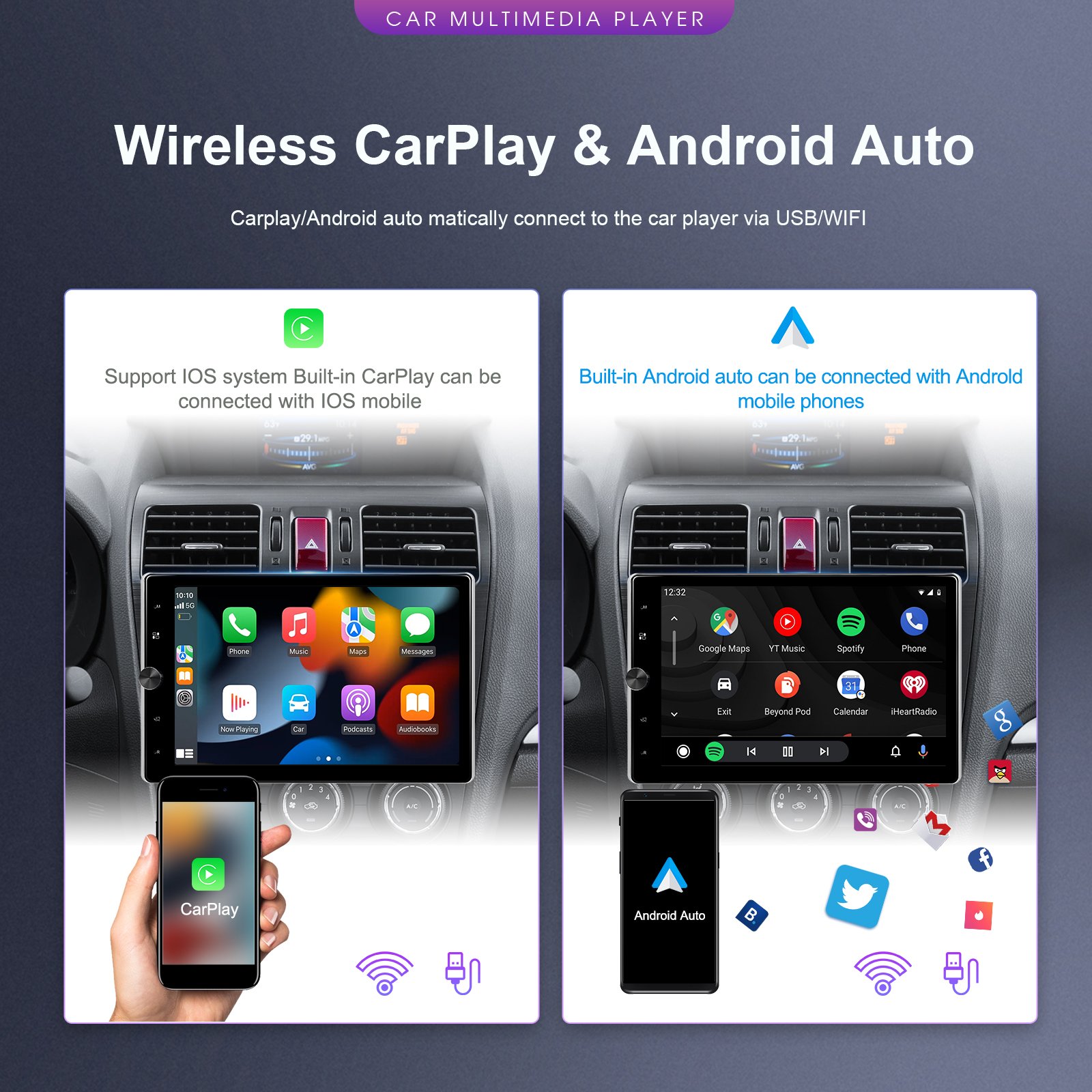 Podofo 10.4" Rotated Screen 1 Din Android Car Radio 2+64G Carplay Android Auto WIFI GPS BT DVR Recorder HP1080P Camera