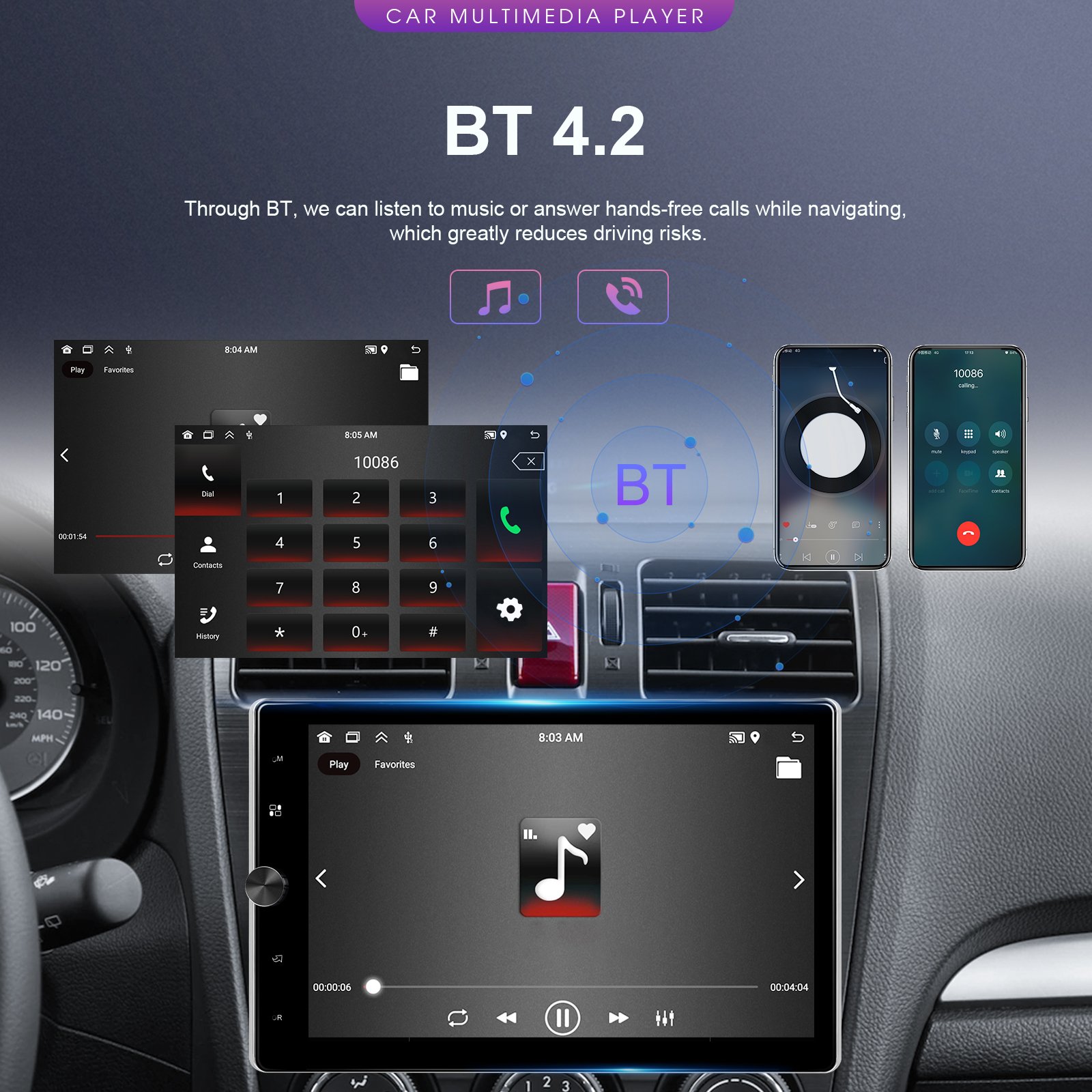 Podofo 10.4" Rotated Screen 1 Din Android Car Radio 2+64G Carplay Android Auto WIFI GPS BT DVR Recorder HP1080P Camera