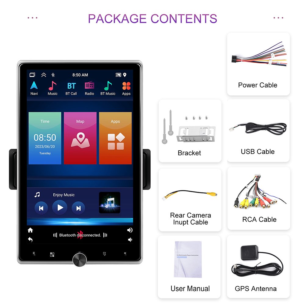 Podofo 10.4" Rotated Screen 1 Din Android Car Radio 2+64G Carplay Android Auto WIFI GPS BT DVR Recorder HP1080P Camera