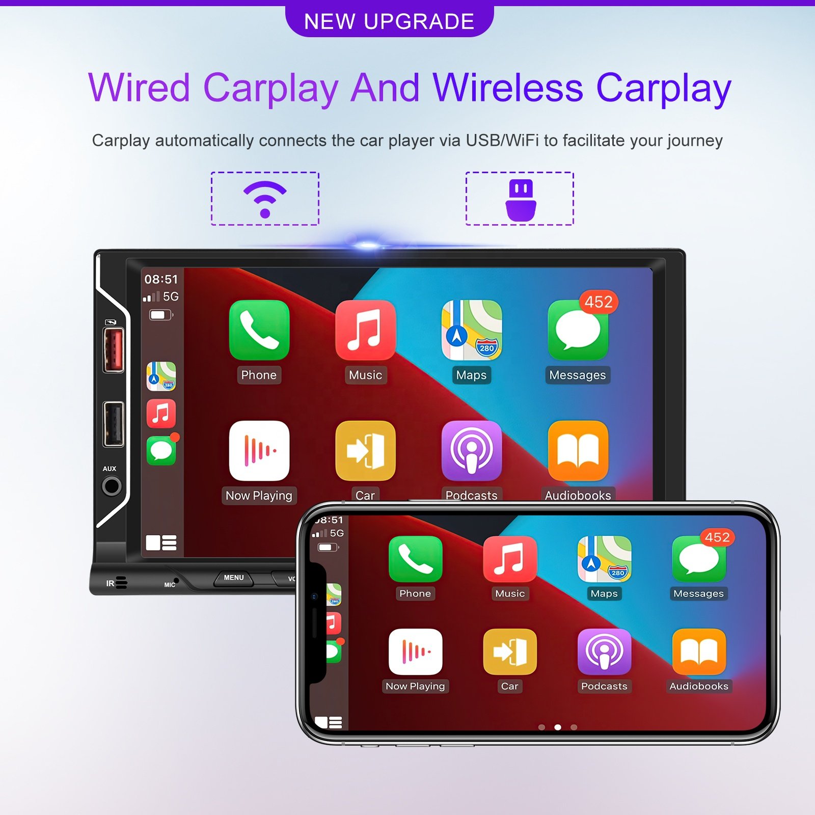 Podofo Double Din Car MP5 Player Wireless Carplay Car Stereo Radio 7'' Touch Screen Autoradio BT FM USB Support OEM Dropshipping