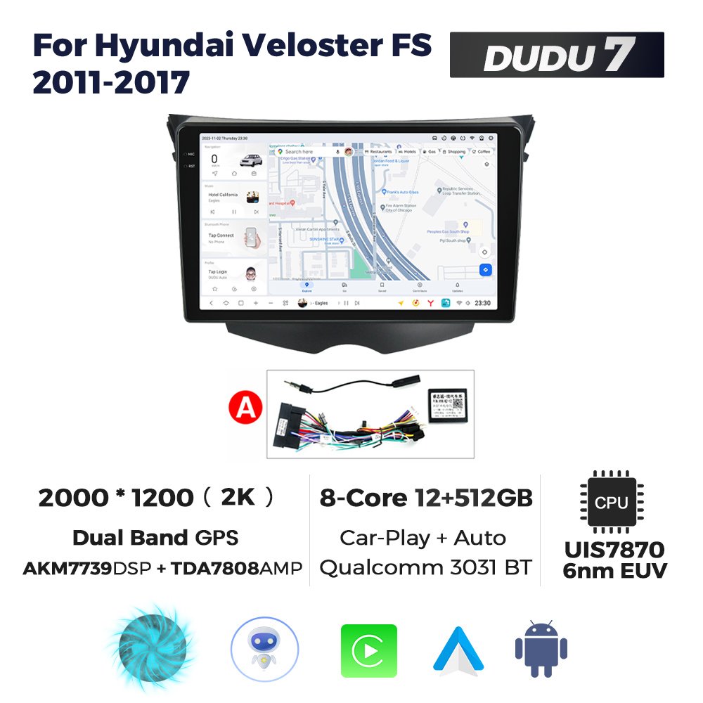 MEKEDE DUDU7 car radio qled touch screen gps navigation For Hyundai Veloster FS 2011-2017 TPMS DVR SWC cooling fan