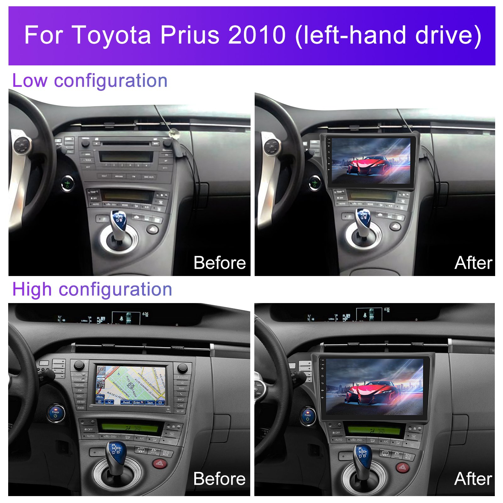 Podofo 10 Inch Android Car Stereo 4+64G Wireless Carplay Android Auto For Toyota Prius 2010 IPS DSP GPS RDS WIFI Wholesale