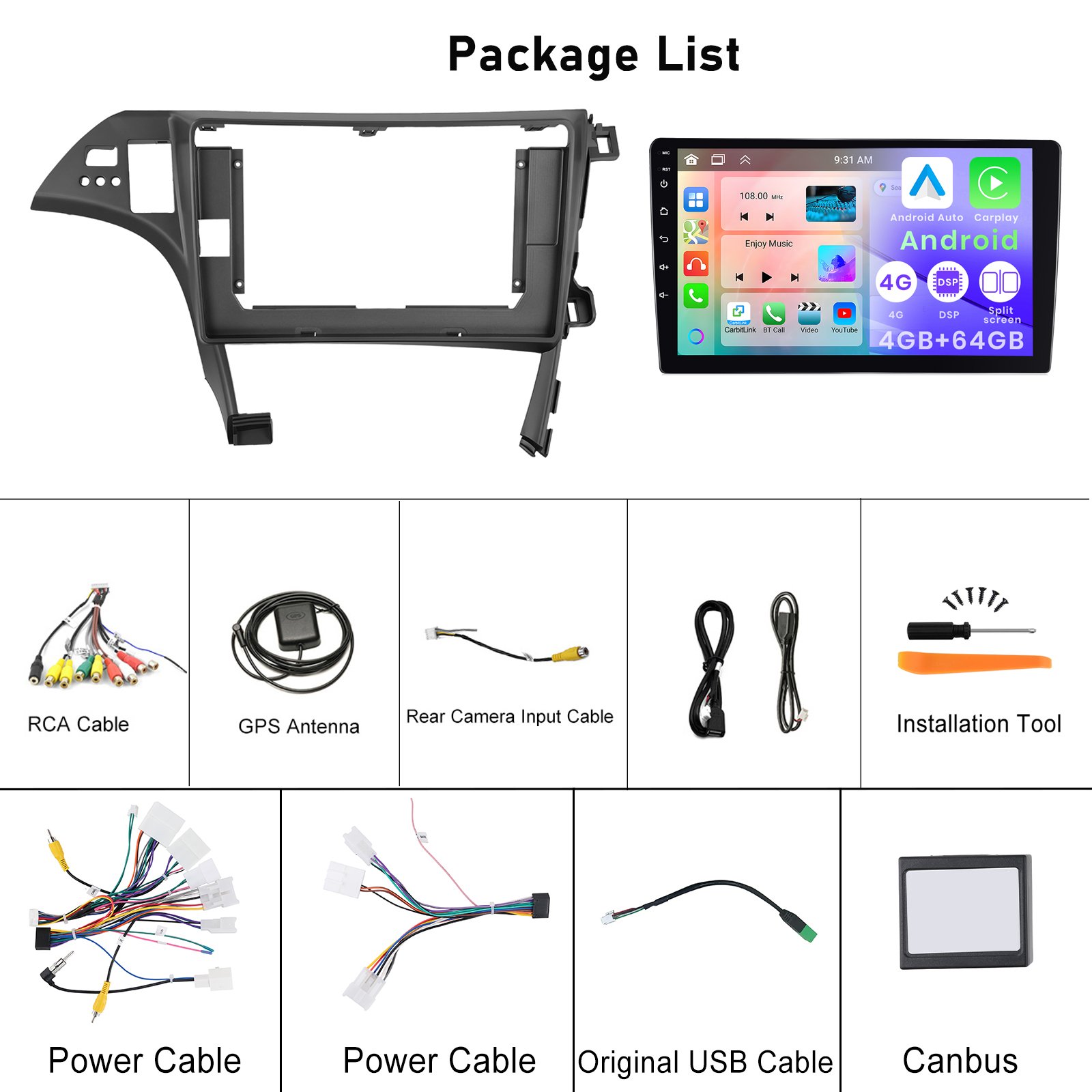 Podofo 10 Inch Android Car Stereo 4+64G Wireless Carplay Android Auto For Toyota Prius 2010 IPS DSP GPS RDS WIFI Wholesale