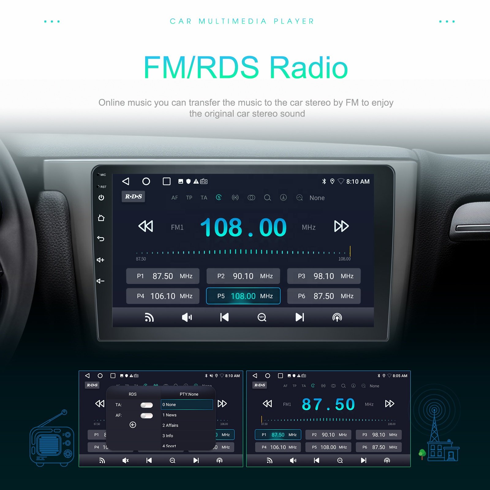 Podofo 7/9/10 Inch Double Din Android Car Radio 2.5D 1+32G Touch Screen Car Stereo Radio GPS WIFI FM RDS BT EU/US/UK