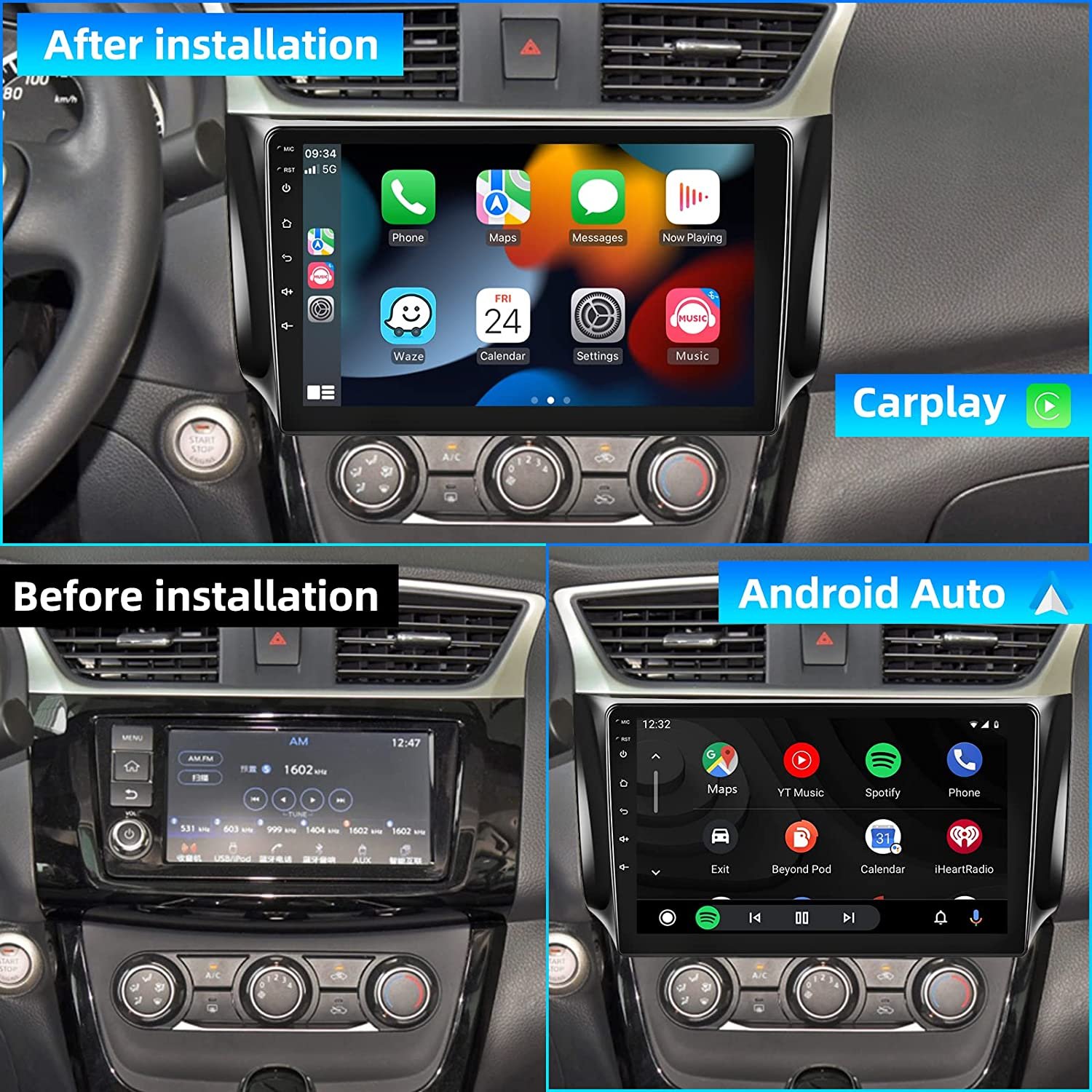 Podofo Double Din 10.1'' Android Car Radio Carplay Android Auto GPS RDS HIFI With AHD Camera MIC For NISSAN SYLPHY 2016
