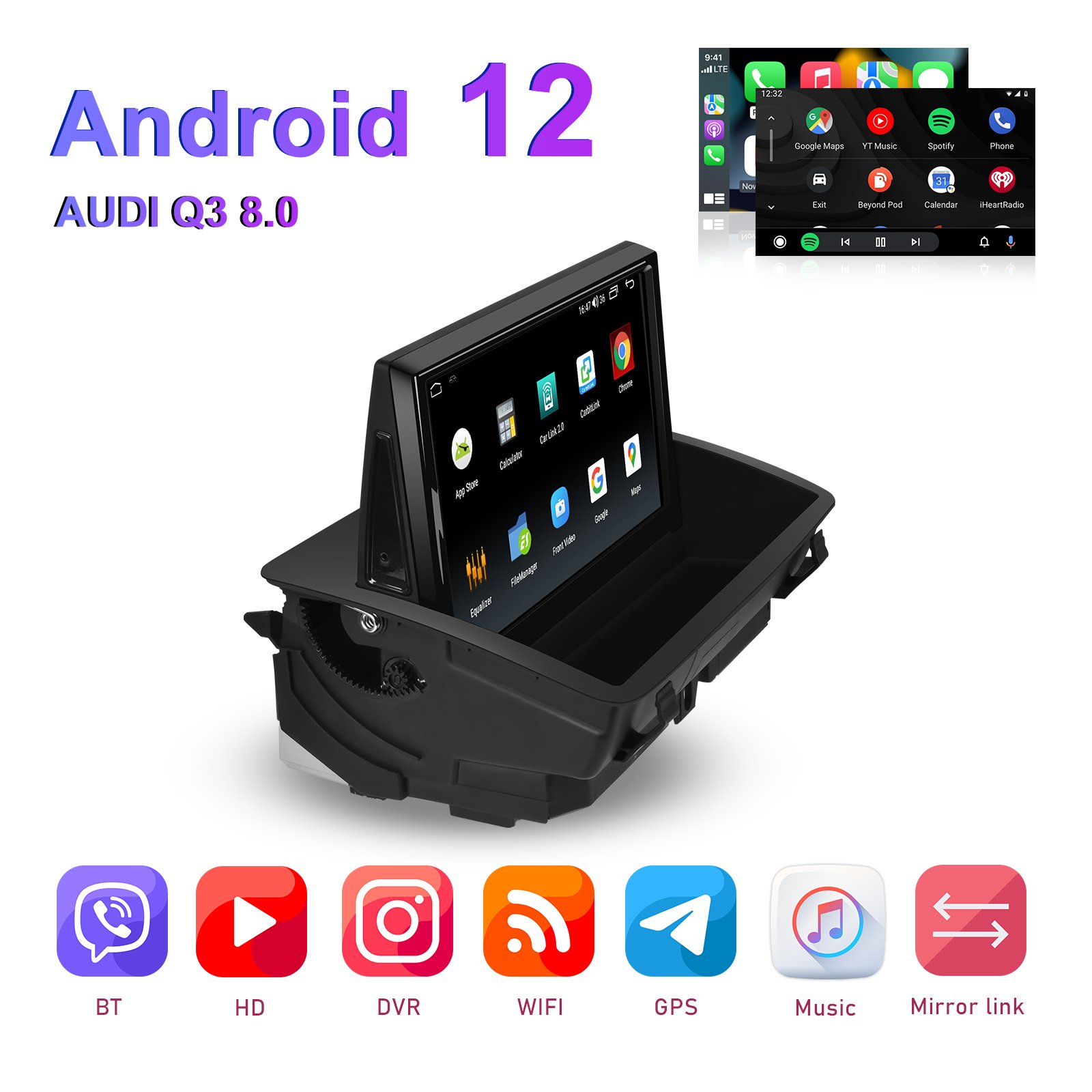 Podofo 8 Core Android 13 Car Stereo 8 Inch IPS Flip Screen 4+64GB Dual systems For Audi Q3 Carplay Android Auto BT WiFi 4G FM