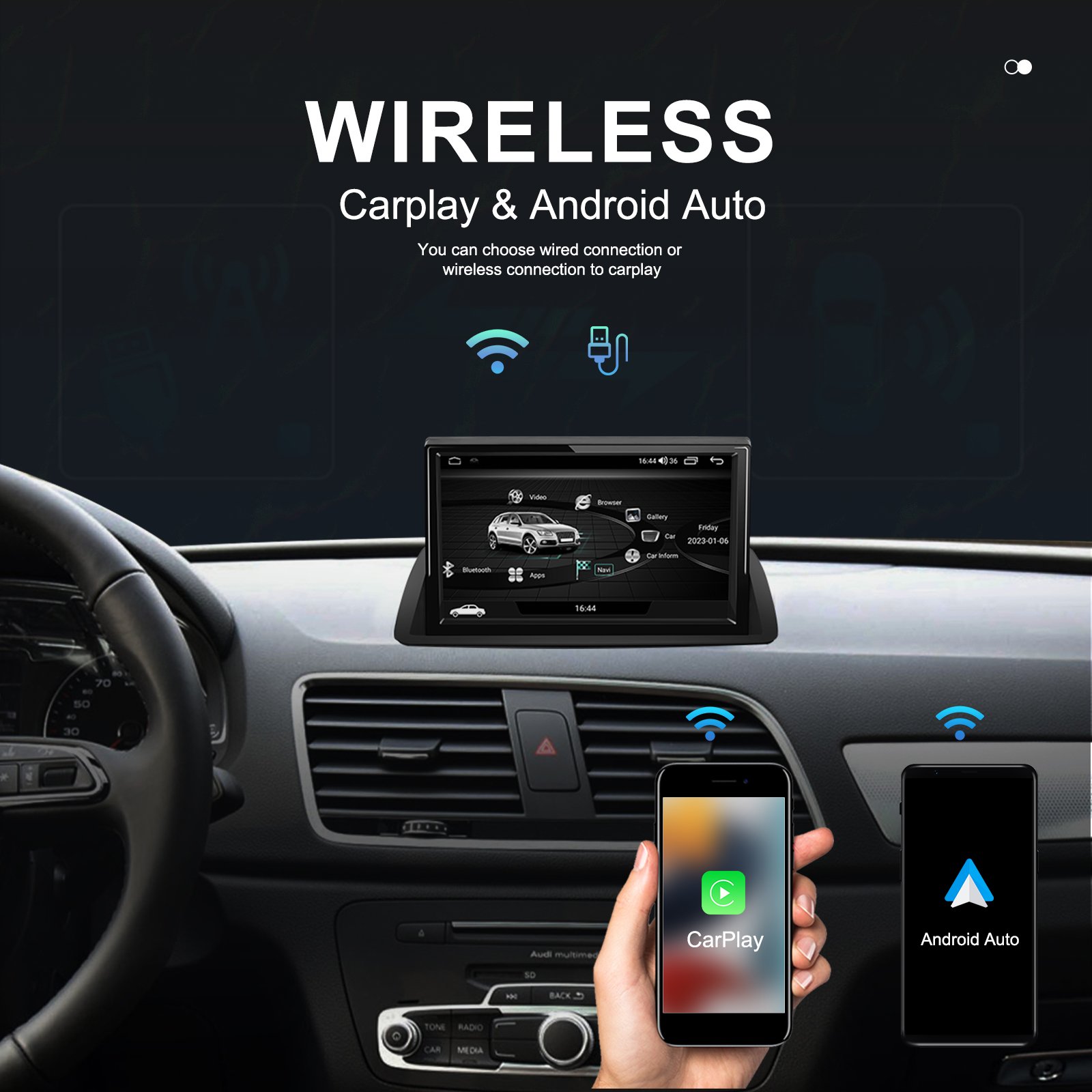 Podofo 8 Core Android 13 Car Stereo 8 Inch IPS Flip Screen 4+64GB Dual systems For Audi Q3 Carplay Android Auto BT WiFi 4G FM