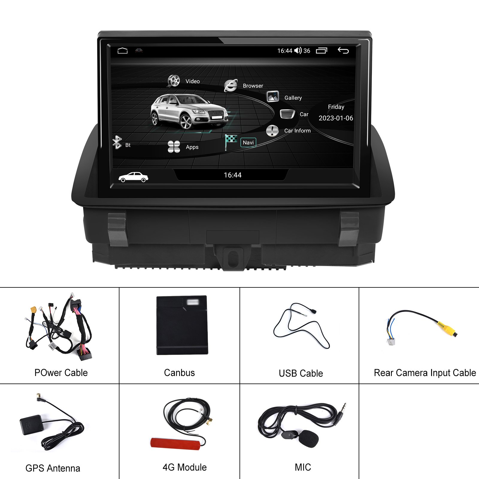 Podofo 8 Core Android 13 Car Stereo 8 Inch IPS Flip Screen 4+64GB Dual systems For Audi Q3 Carplay Android Auto BT WiFi 4G FM