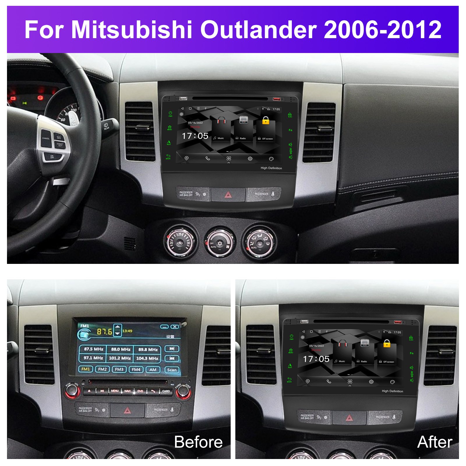 Podofo Android Car Radio 8 Core 9'' Car DVD Player For Mitsubishi Outlander 2006-2012 Carplay Android Auto WiFi 4G BT FM RDS
