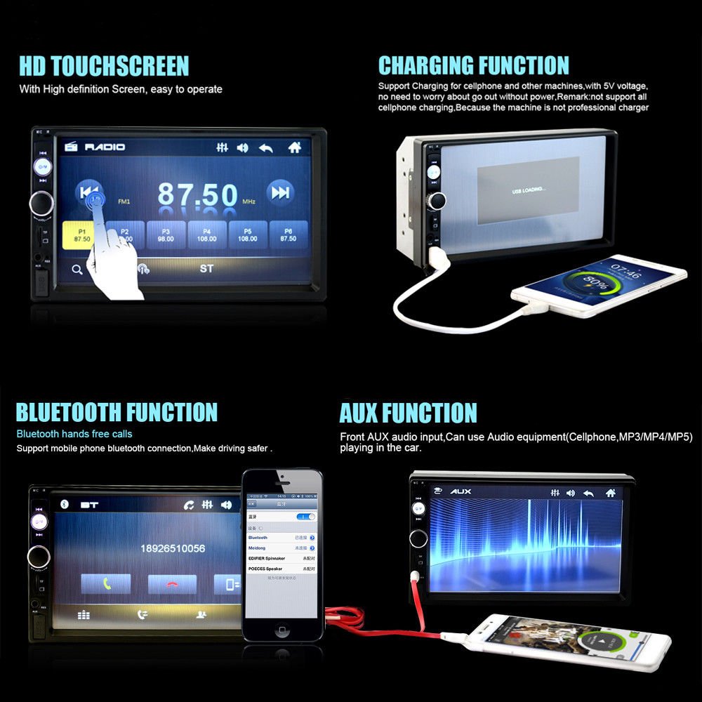 Podofo Double Din Car Stereo Car Radio Auto Radio Car MP5 Player 2 Din 7" Touch Screen BT USB FM AUX SD 7023B + Rear View Camera