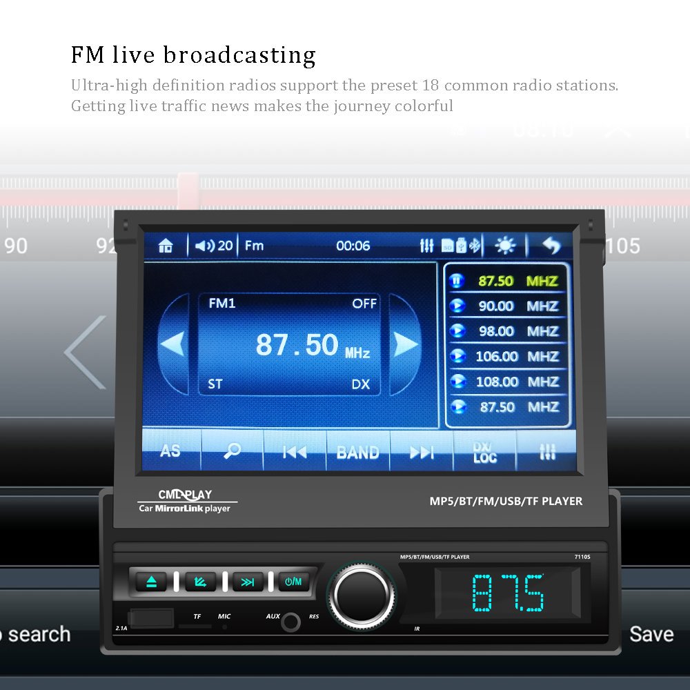 Podofo 7'' 1Din Car Video MP5 Player Retractable Touch Screen USB/TF/ FM/BT/Phone Link + 12LED Rear View Camera