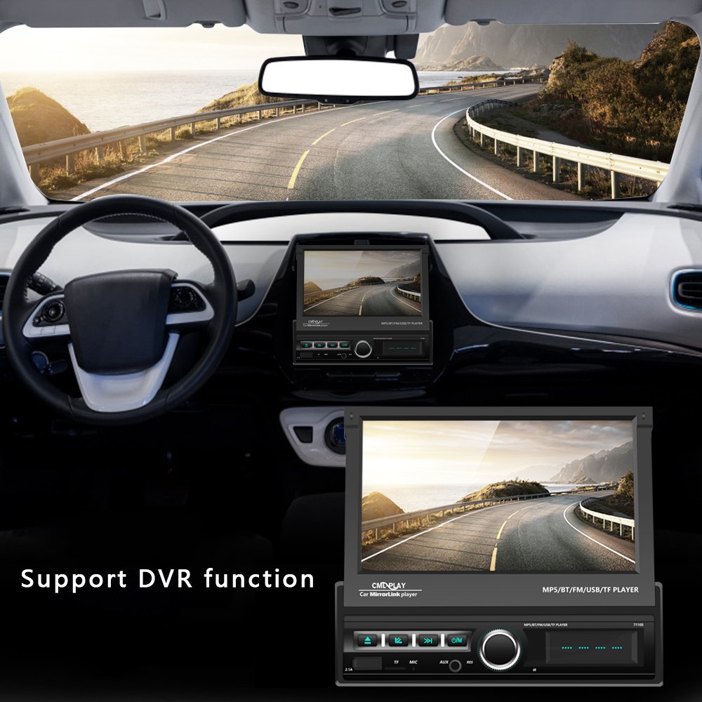 Podofo 7'' 1Din Car Video MP5 Player Retractable Touch Screen USB/TF/ FM/BT/Phone Link + 12LED Rear View Camera