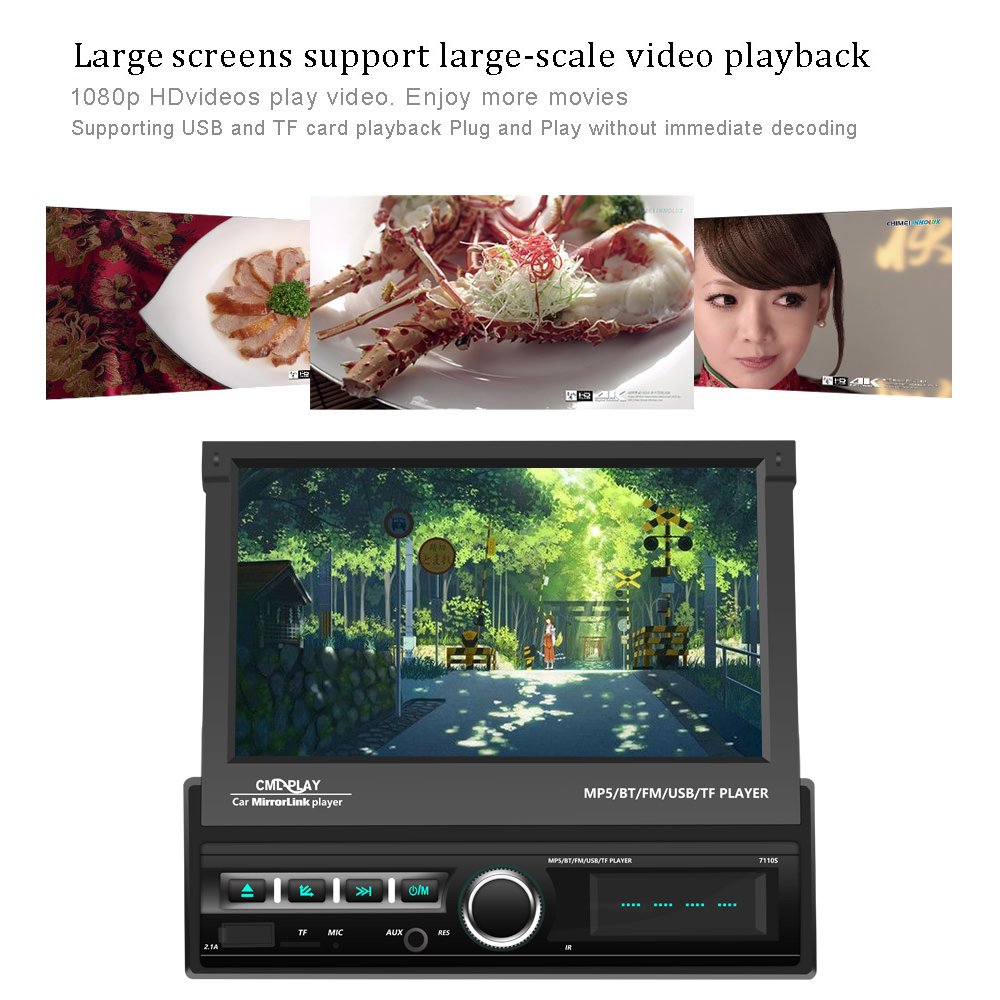 Podofo 7'' 1Din Car Video MP5 Player Retractable Touch Screen USB/TF/ FM/BT/Phone Link + 12LED Rear View Camera