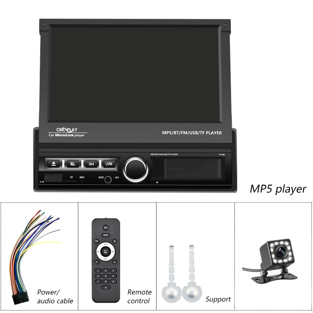 Podofo 7'' 1Din Car Video MP5 Player Retractable Touch Screen USB/TF/ FM/BT/Phone Link + 12LED Rear View Camera