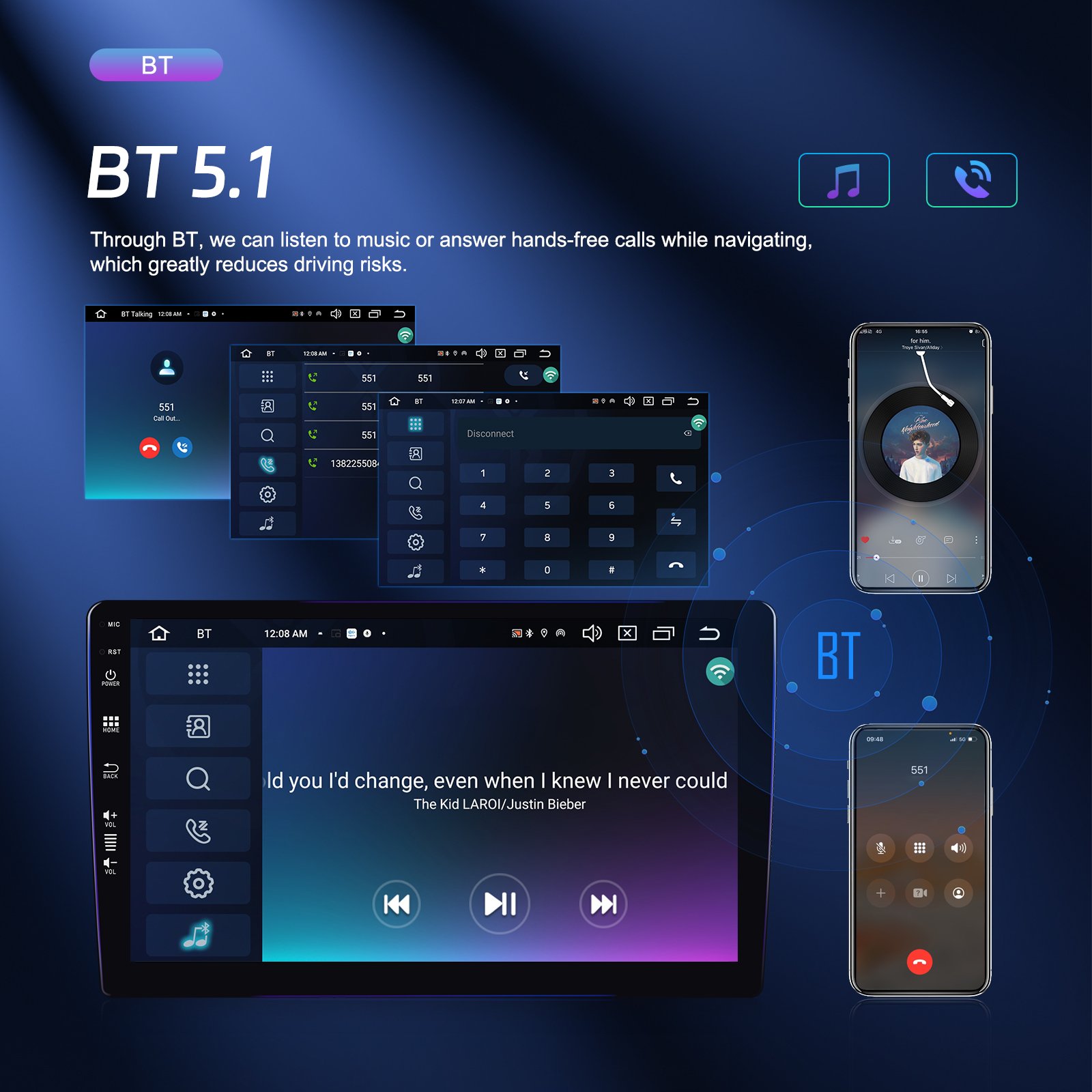 Podofo Android 13 Car Radio 8 Core 9'' 8+128GB QLED Screen Stereo Carplay Android Auto WiFi GPS 4G BT AI Voice DSP RDS Autoradio