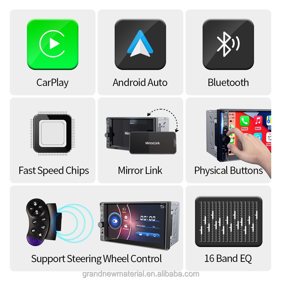 Grandnavi 7inch 2 Din Car Stereo SD Card USB Wireless Mirrolink Carplay Androidauto Double Din Mp5 Auto Radio for Car Dvd Player