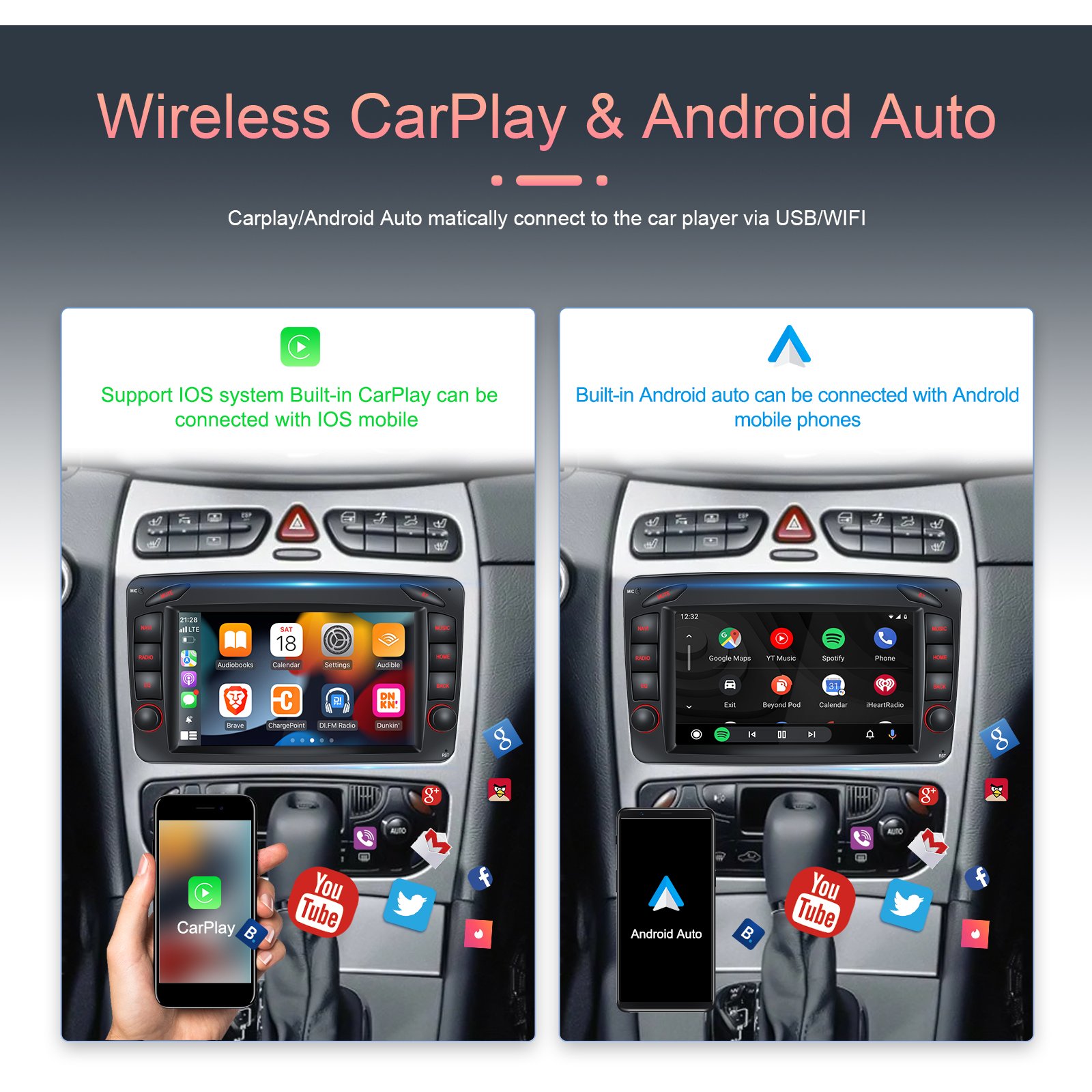 Podofo Android Car Stereo Radio 2+32G 7'' Carplay Android Auto GPS RDS HIFI with AHD Camera For Mercedes-Benz W209