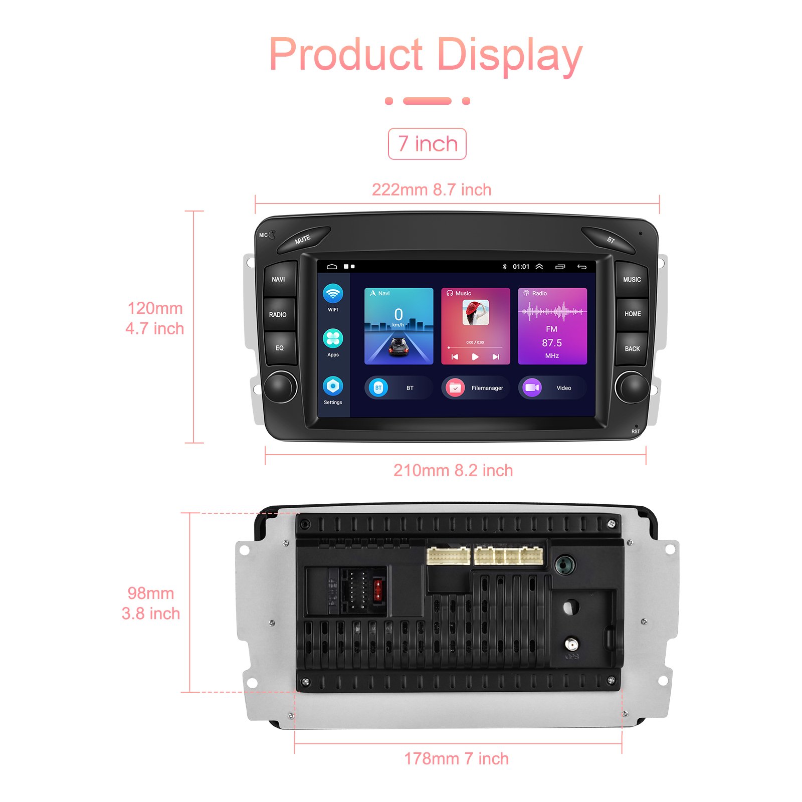 Podofo Android Car Stereo Radio 2+32G 7'' Carplay Android Auto GPS RDS HIFI with AHD Camera For Mercedes-Benz W209
