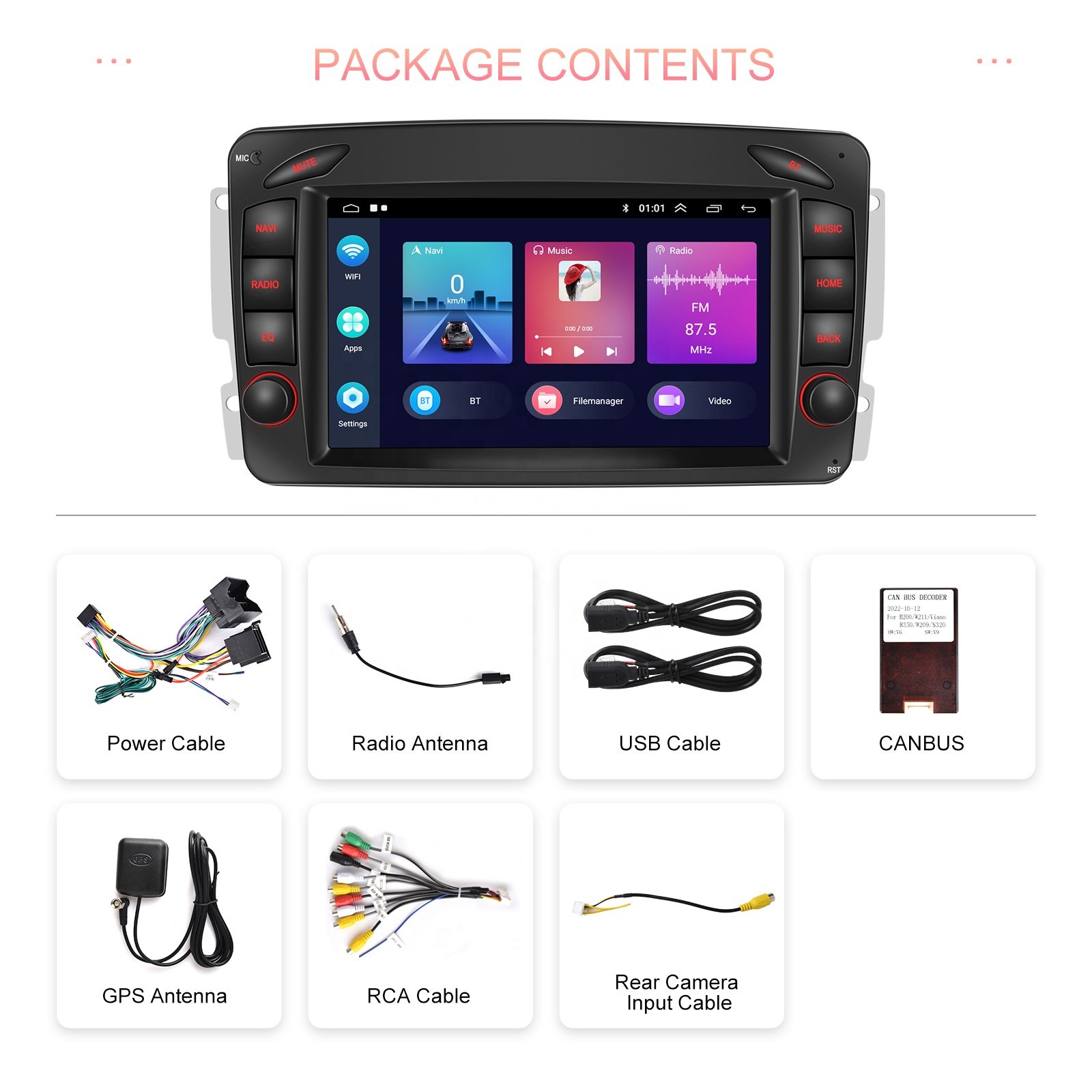 Podofo Android Car Stereo Radio 2+32G 7'' Carplay Android Auto GPS RDS HIFI with AHD Camera For Mercedes-Benz W209