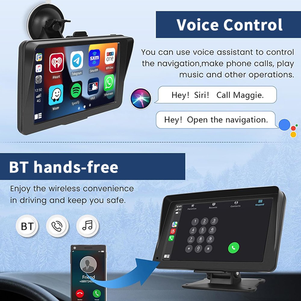 SUNWAYI Wireless Carplay & Android Auto Smart Monitor With Voice Control FM Transmitter BT Multimedia