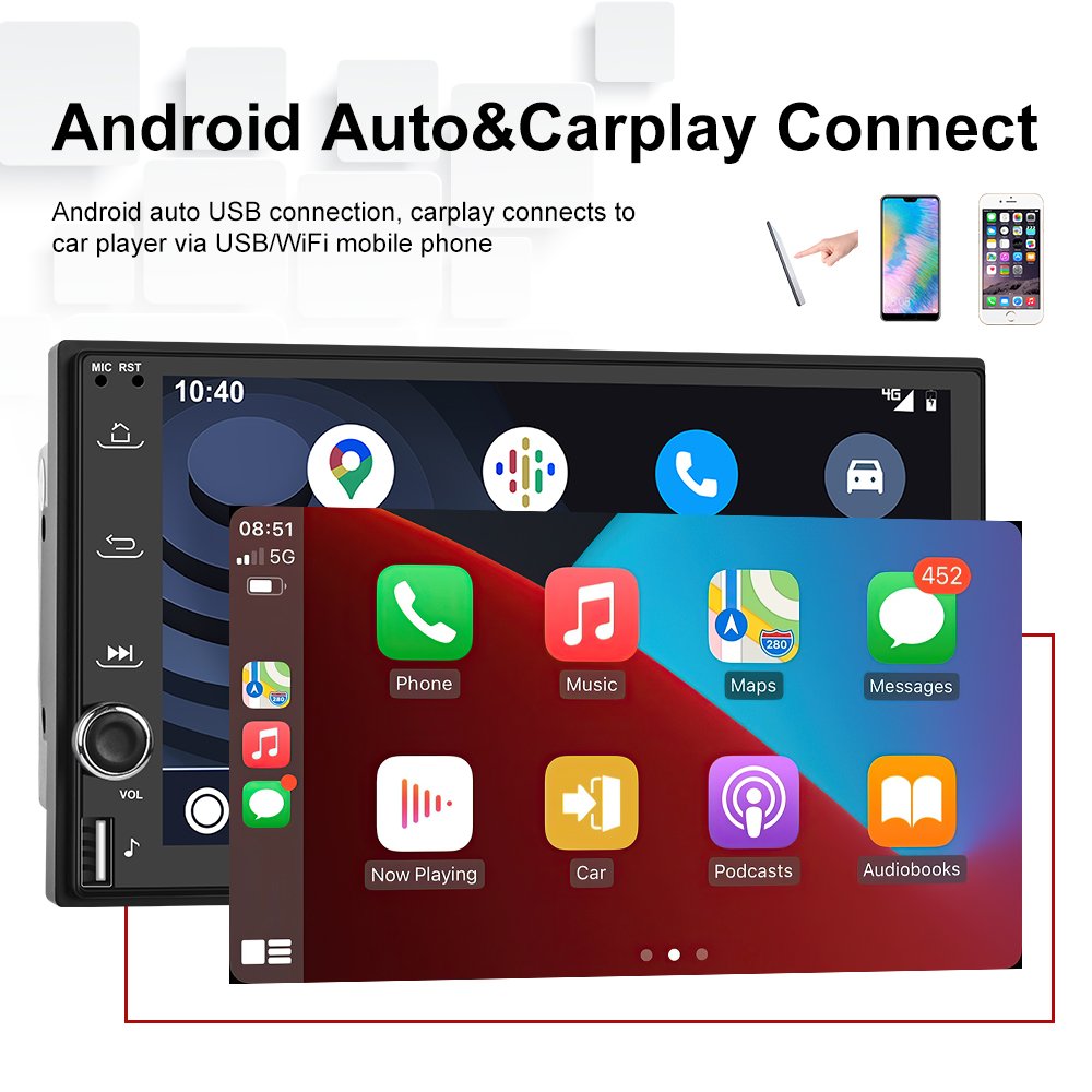 Podofo 7'' 2 Din Android Car Stereo Radio Autoradio with Wireless Carplay & Android Auto Split Screen WiFi GPS BT FM RDS USB