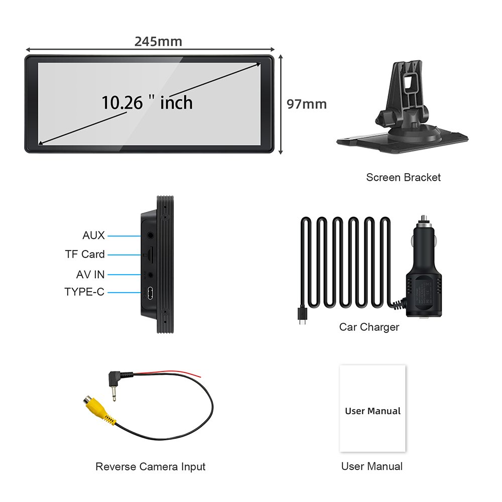10.26" IPS touch screen HD Portable Monitor Wireless Carplay Android auto Display Universal car dvd player