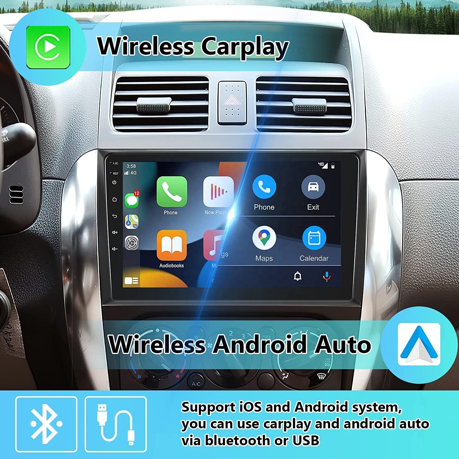 (US Stock) Podofo 9/10.1" 1+16/2+32GB 2 Din Car Stereo Android Car Radio Wireless CarPlay & Android Auto GPS WIFI Hifi Audio RDS