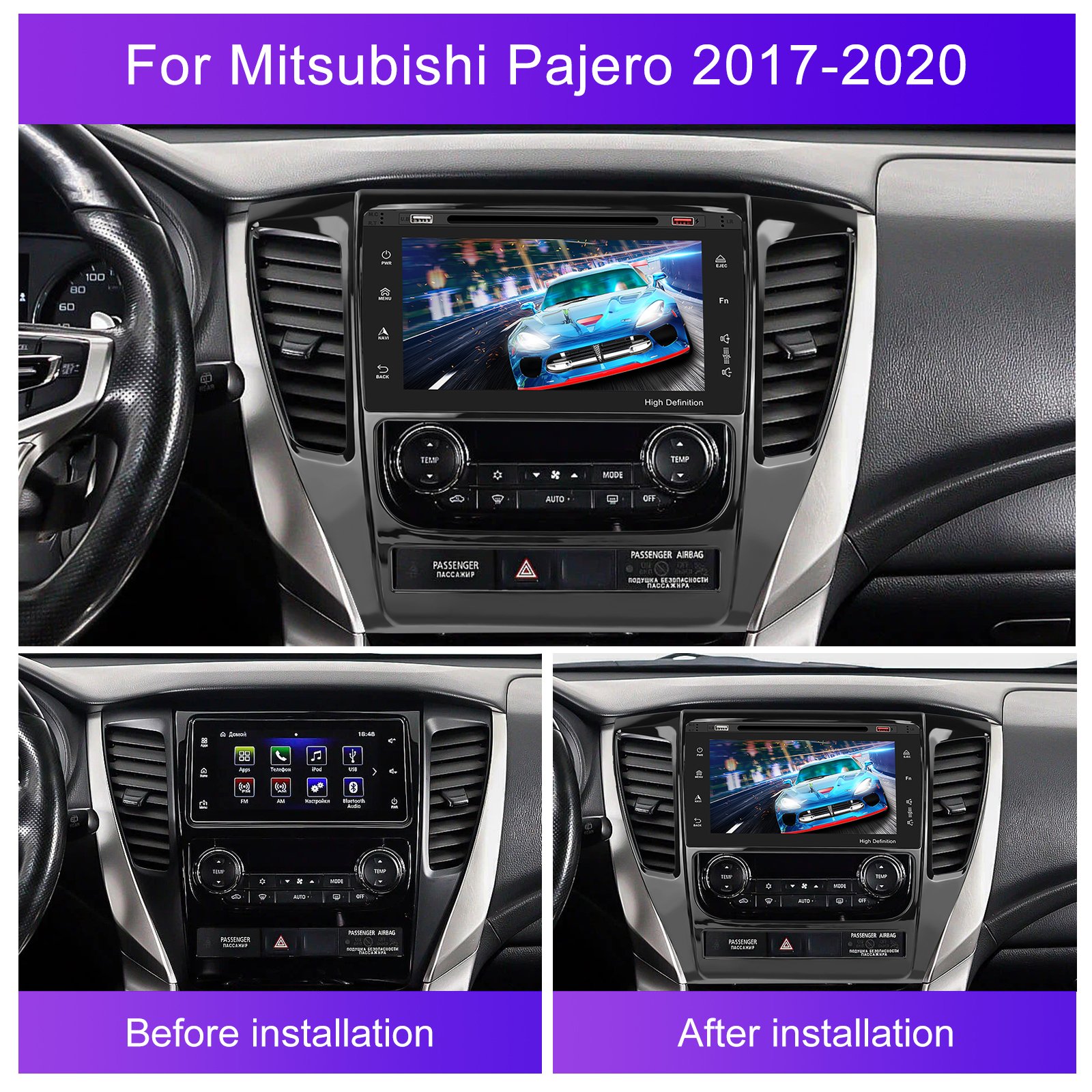 Podofo Car DVD Player 9 Inch Android Car Radio 8 Core 2+32GB CarPlay Android Auto For Mitsubishi PAJERO 2017-2020 GPS DSP RDS
