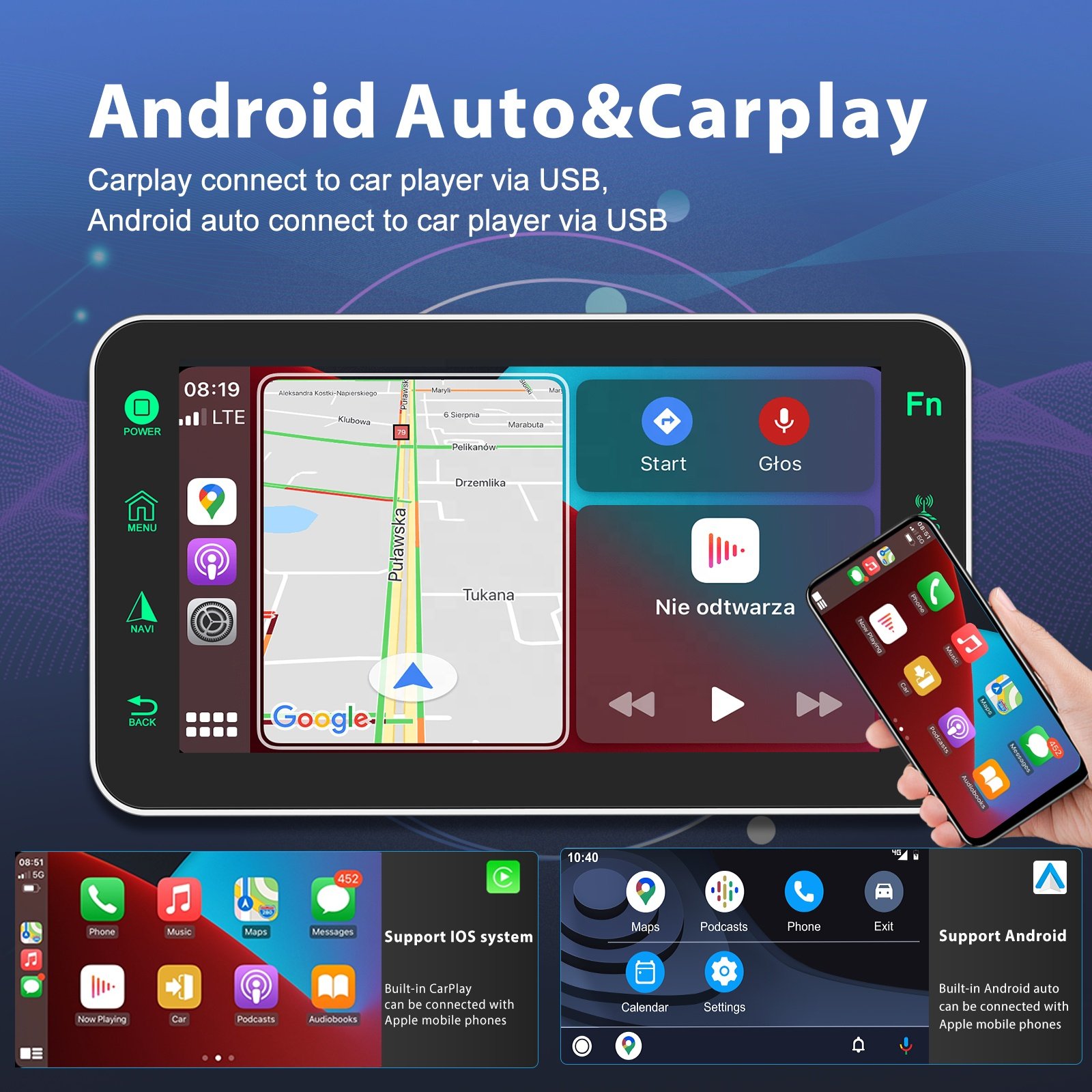 Podofo 8" 1 Din Wireless Carplay Android Auto Car Radio Stereo Car MP5 Player Touch Screen Android Auto BT FM RDS