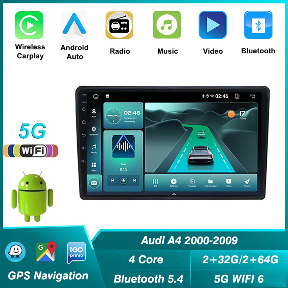 5G+2.4G dual band WIFI 2+64G Bluetooth 5.4 car video player For Audi A4 2000-2009 GPS navigation head unit Carplay