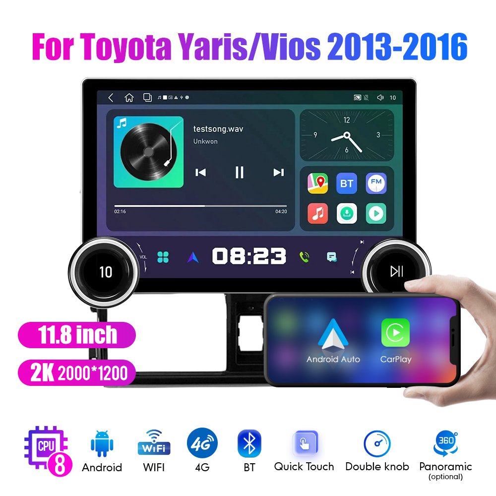 11.8Inch Car Radio ForToyota Yaris Vios 2013-2016 DIAMOND 2K QLED Screen 2Din Android Car Stereo Car DVD Player Carplay DSP