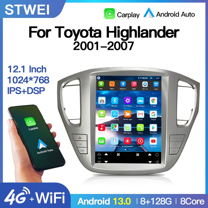 12.1" For Tesla Screen Car Radio For Toyota Highlander 2001-2007 Kliger 2003 Android 13 GPS Autoradio Multimedia Video Player BT