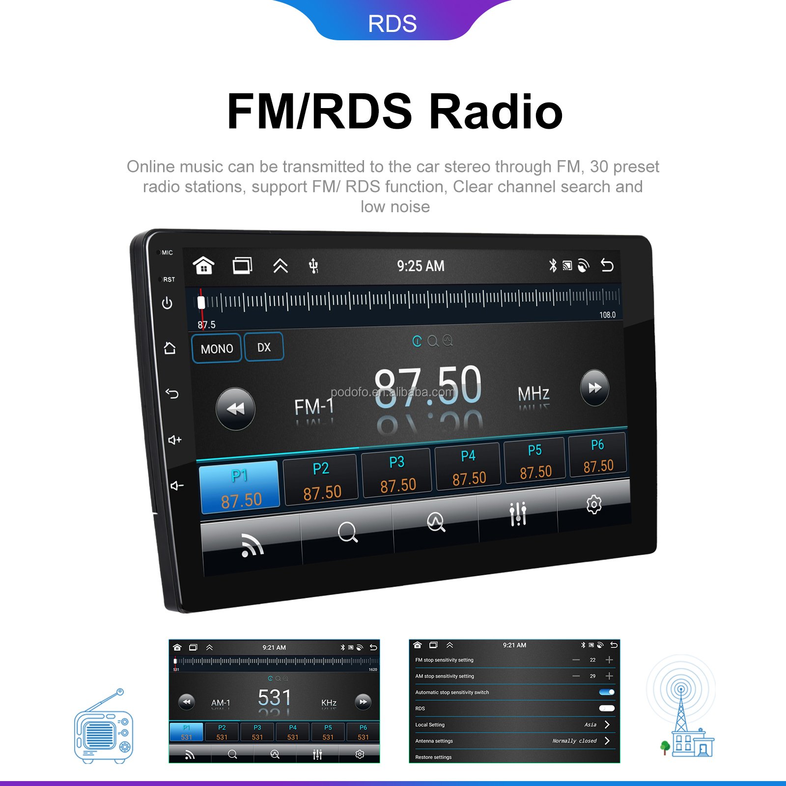Podofo 10.1 Inch 4+64G Android Car Stereo Wireless Carplay Android Auto For Mazda 6 2004-2015 IPS DSP GPS RDS Wholesale