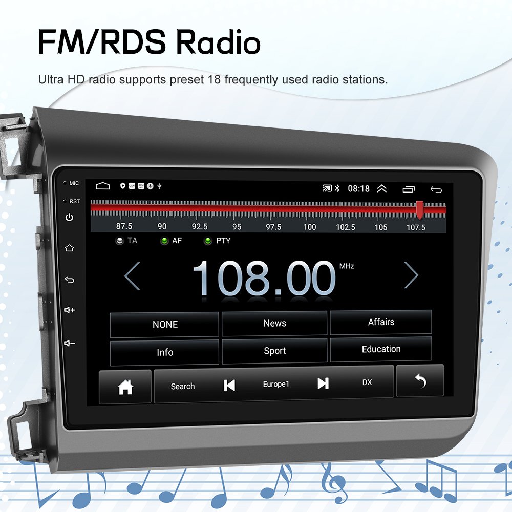 Podofo 9'' 2 Din Android Car Stereo Radio Autoradio WIFI GPS BT FM RDS EQ For Honda Civic 2012-2015