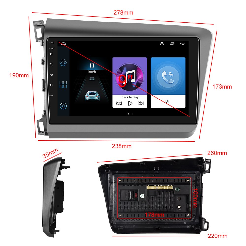 Podofo 9'' 2 Din Android Car Stereo Radio Autoradio WIFI GPS BT FM RDS EQ For Honda Civic 2012-2015