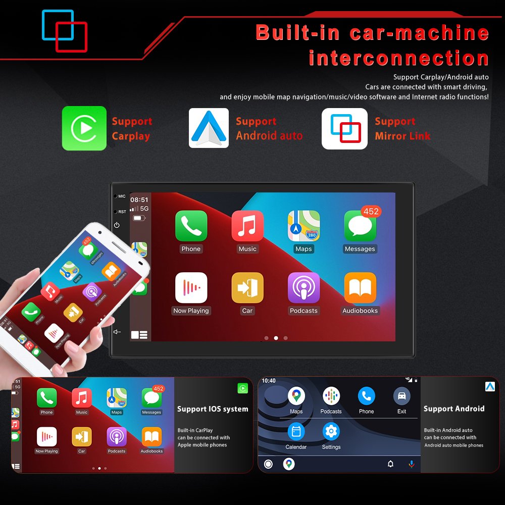 Podofo 2 Din 7 inch QLED Screen Player AI Car Carplay 8+128G Android Car Radio Stereo WIFI&4G SIM Card Wired Android Auto DSP EQ