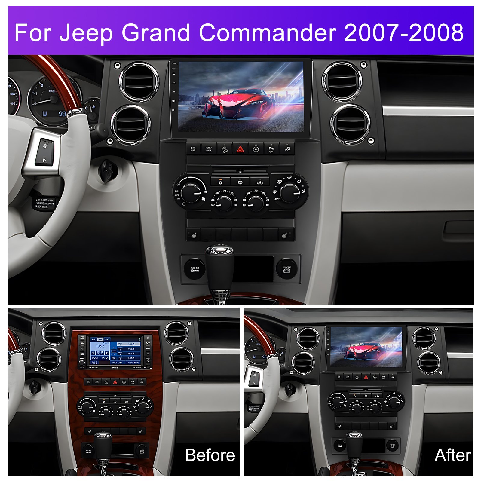 Podofo Android Car Stereo 4+64G 9'' Car Radio Wireless Carplay Android Auto For Jeep Grand Commander 2007-2008 IPS DSP WIFI RDS
