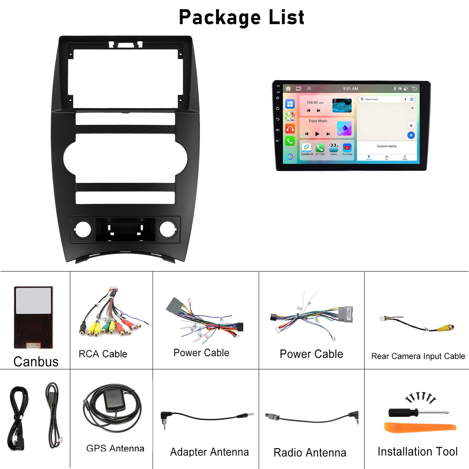 Podofo Android Car Stereo 4+64G 9'' Car Radio Wireless Carplay Android Auto For Jeep Grand Commander 2007-2008 IPS DSP WIFI RDS