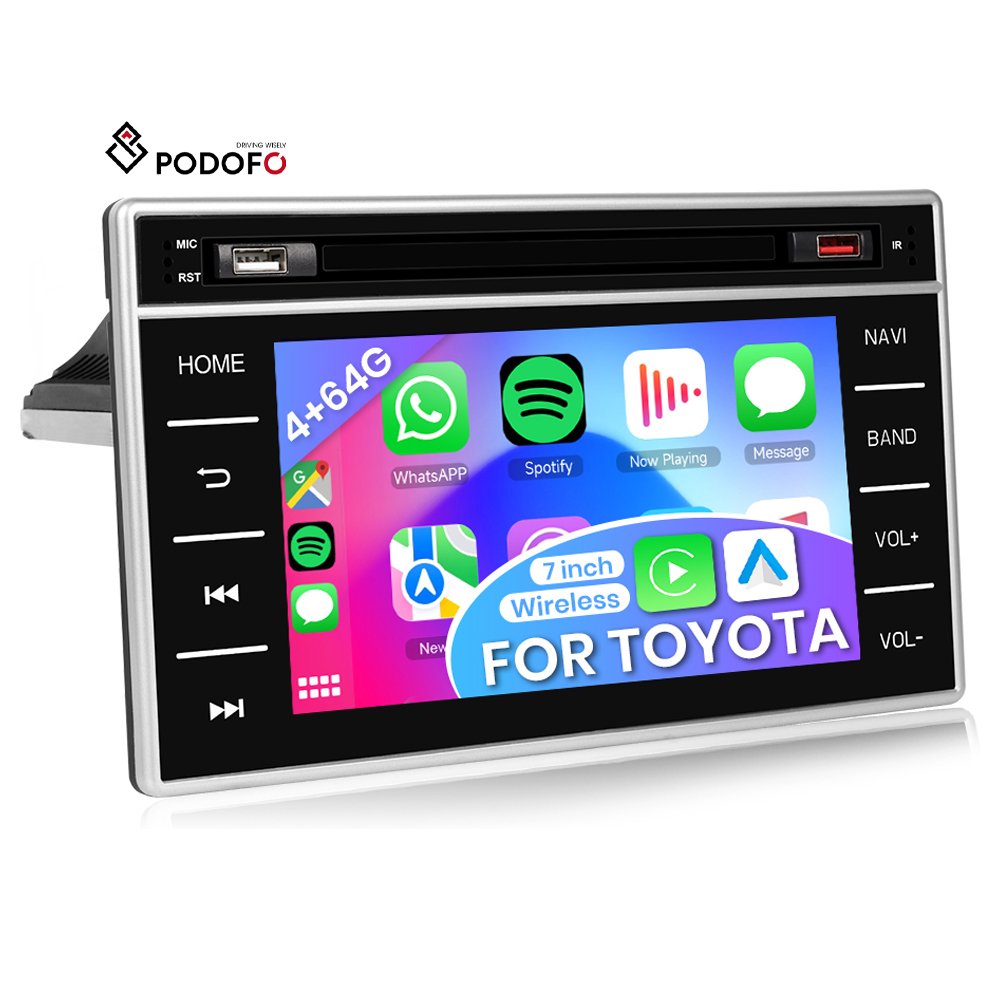 Podofo 1 Din 4+64G Android Car Stereo 7" Wireless Carplay/Android Auto For Toyota Navigator/Hilux 2015-2019 GPS/DSP/Wifi/AM/RDS