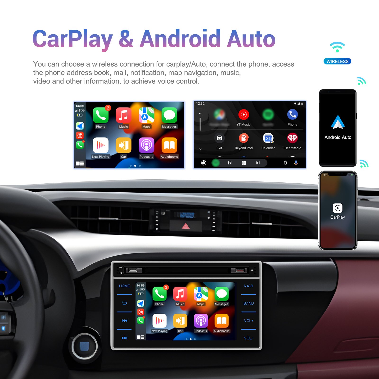 Podofo 1 Din 4+64G Android Car Stereo 7" Wireless Carplay/Android Auto For Toyota Navigator/Hilux 2015-2019 GPS/DSP/Wifi/AM/RDS