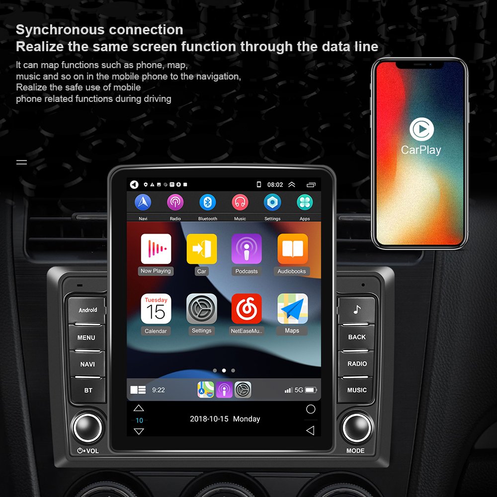 Pofodo 2 Din Autoradio 9.5'' Android Car Radio Stereo Vertical Screen for Tesla Style Carplay Android Auto GPS WIFI BT RDS FM