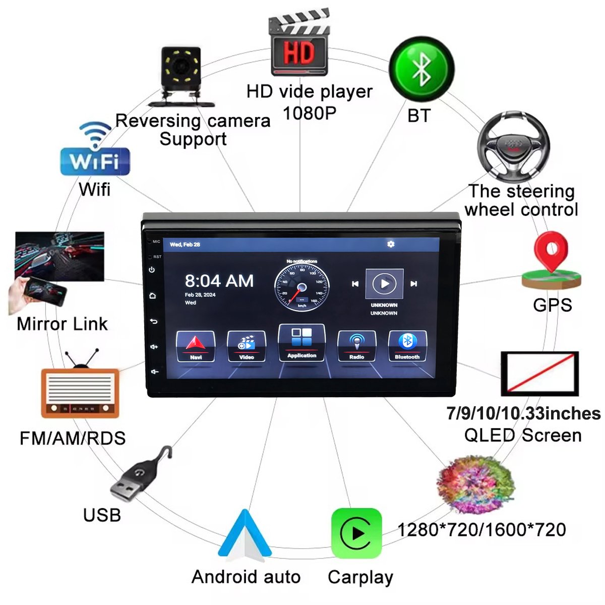 Car DVD player 9 inch 4+64GB Android 14 smart multimedia car radio GPS positioning navigation 2 DIN audio stereo replaceable UI