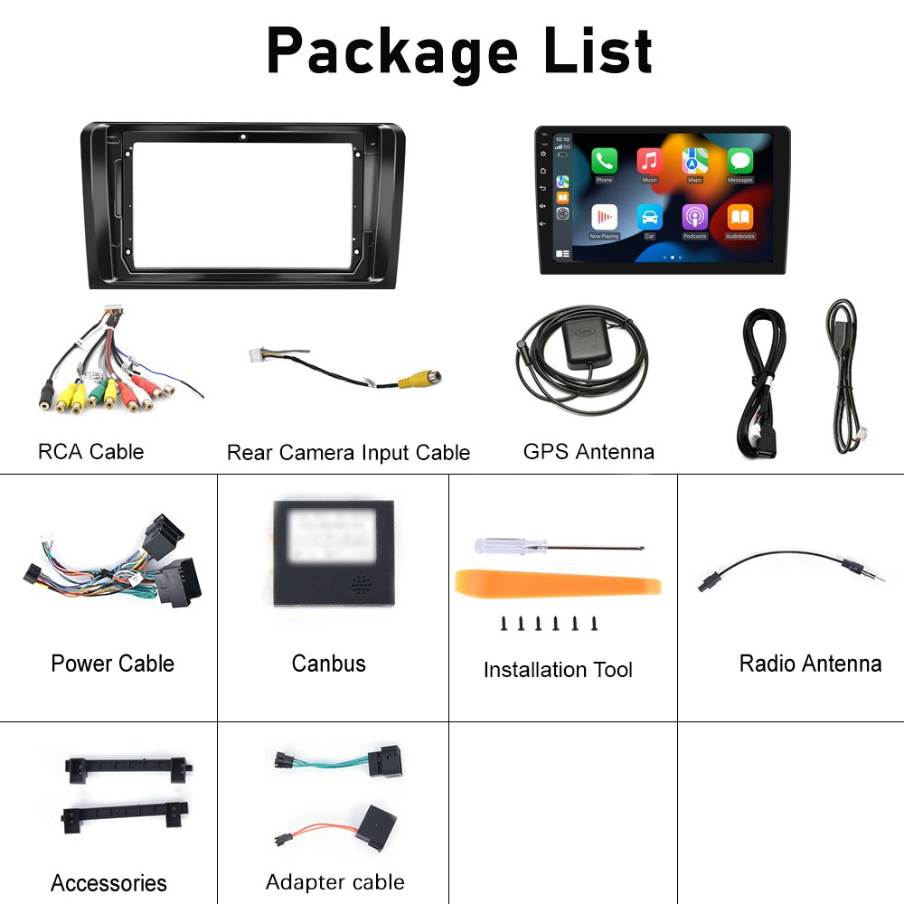 Podofo 9" Double Din Car Stereo Radio Carplay Android Auto For Mercedes-Benz ML series 2005-2011 GPS Wifi Hifi FM RDS ADH Cam