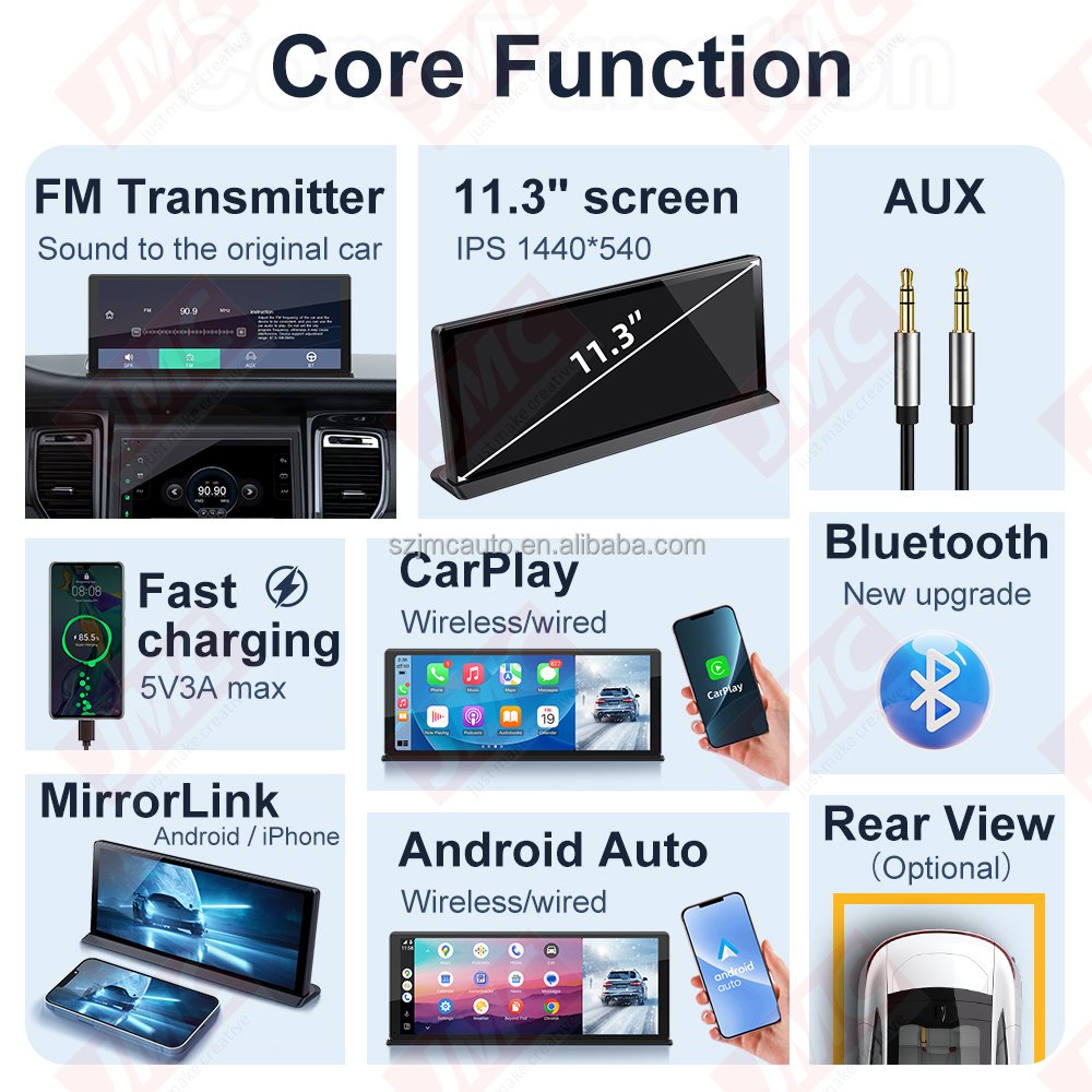JMC 11.3inch Dashboard Wireless CarPlay Android Auto Linux System Portable Navigation Monitor FM Transmit AUX SD Card For Car