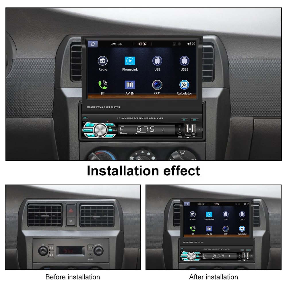 Podofo 1 Din 7" Retractable Flip Screen Car Radio Stereo with Wireless Carplay Car MP5 Player BT 5.1 FM USB Type C Aux In