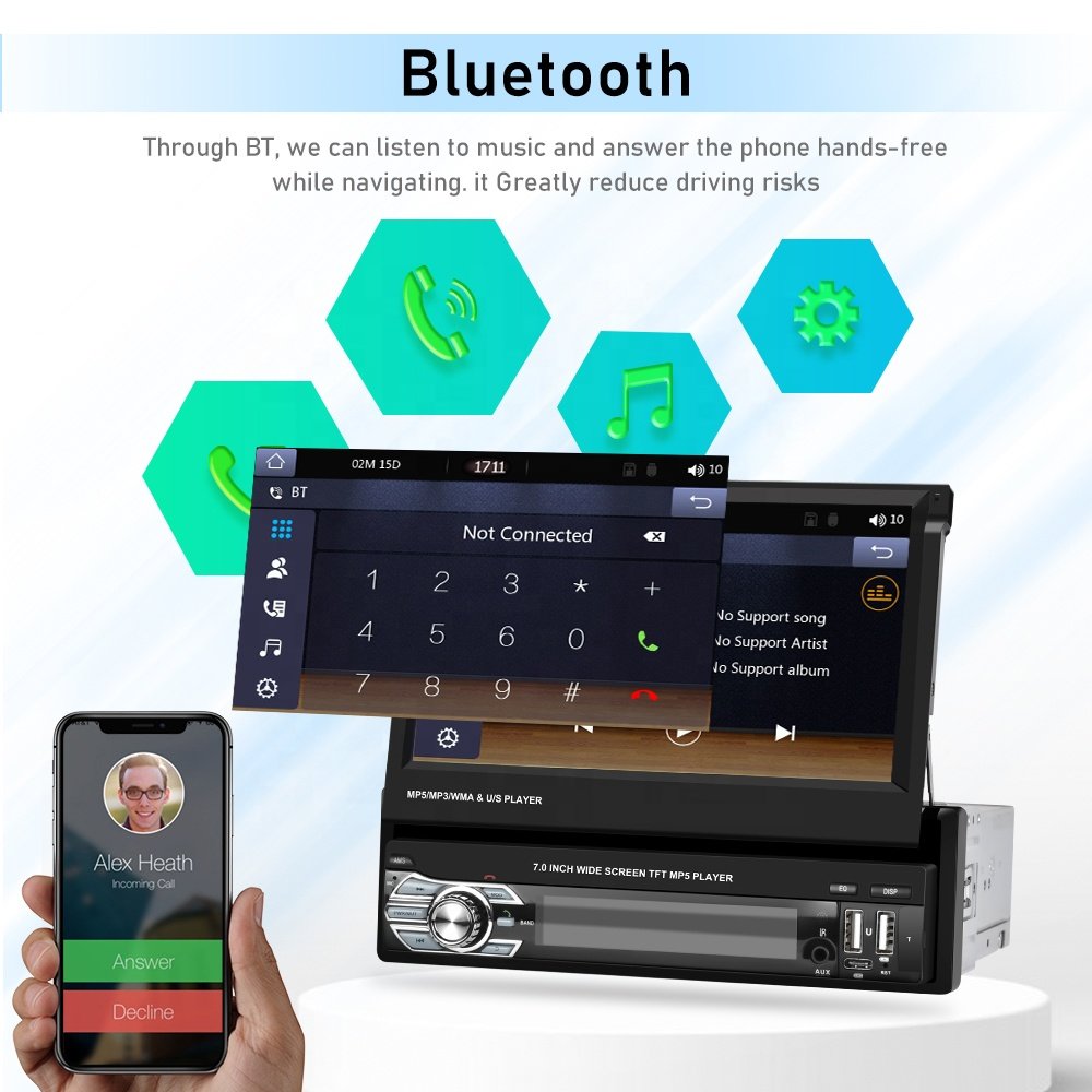 Podofo 1 Din 7" Retractable Flip Screen Car Radio Stereo with Wireless Carplay Car MP5 Player BT 5.1 FM USB Type C Aux In