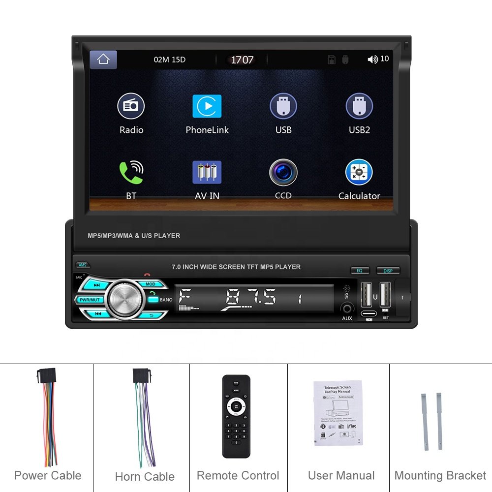Podofo 1 Din 7" Retractable Flip Screen Car Radio Stereo with Wireless Carplay Car MP5 Player BT 5.1 FM USB Type C Aux In